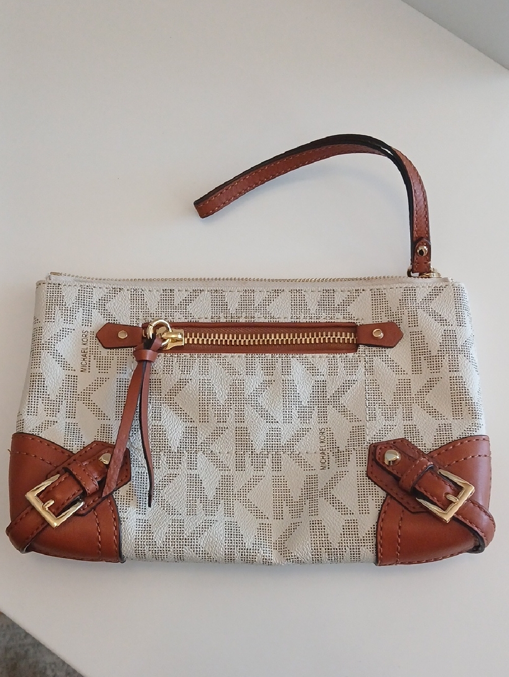 Michael Kors Fallon Vanilla Signature Logo Wristlet with Brown Leather Trim